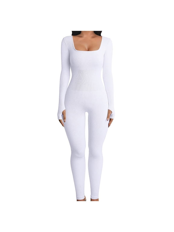 Women's Bodysuits Long Sleeve Square Neck One Piece Ribbed Yoga Jumpsuit Solid Stretchy Outfits Sport Club Romper