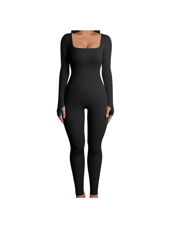 Women's Bodysuits Long Sleeve Square Neck One Piece Ribbed Yoga Jumpsuit Solid Stretchy Outfits Sport Club Romper