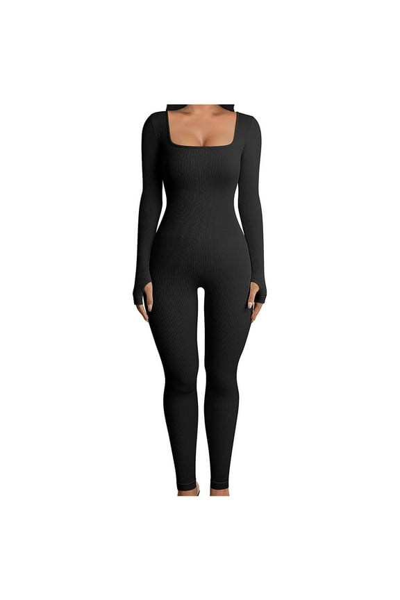 Women's Bodysuits Long Sleeve Square Neck One Piece Ribbed Yoga Jumpsuit Solid Stretchy Outfits Sport Club Romper