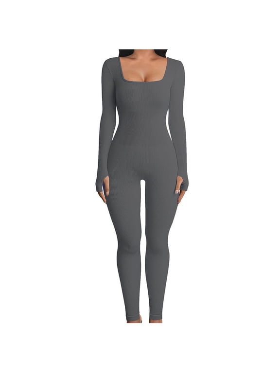 Women's Bodysuits Long Sleeve Square Neck One Piece Ribbed Yoga Jumpsuit Solid Stretchy Outfits Sport Club Romper