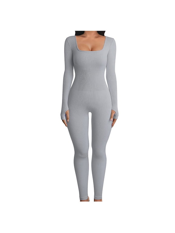 Women's Bodysuits Long Sleeve Square Neck One Piece Ribbed Yoga Jumpsuit Solid Stretchy Outfits Sport Club Romper