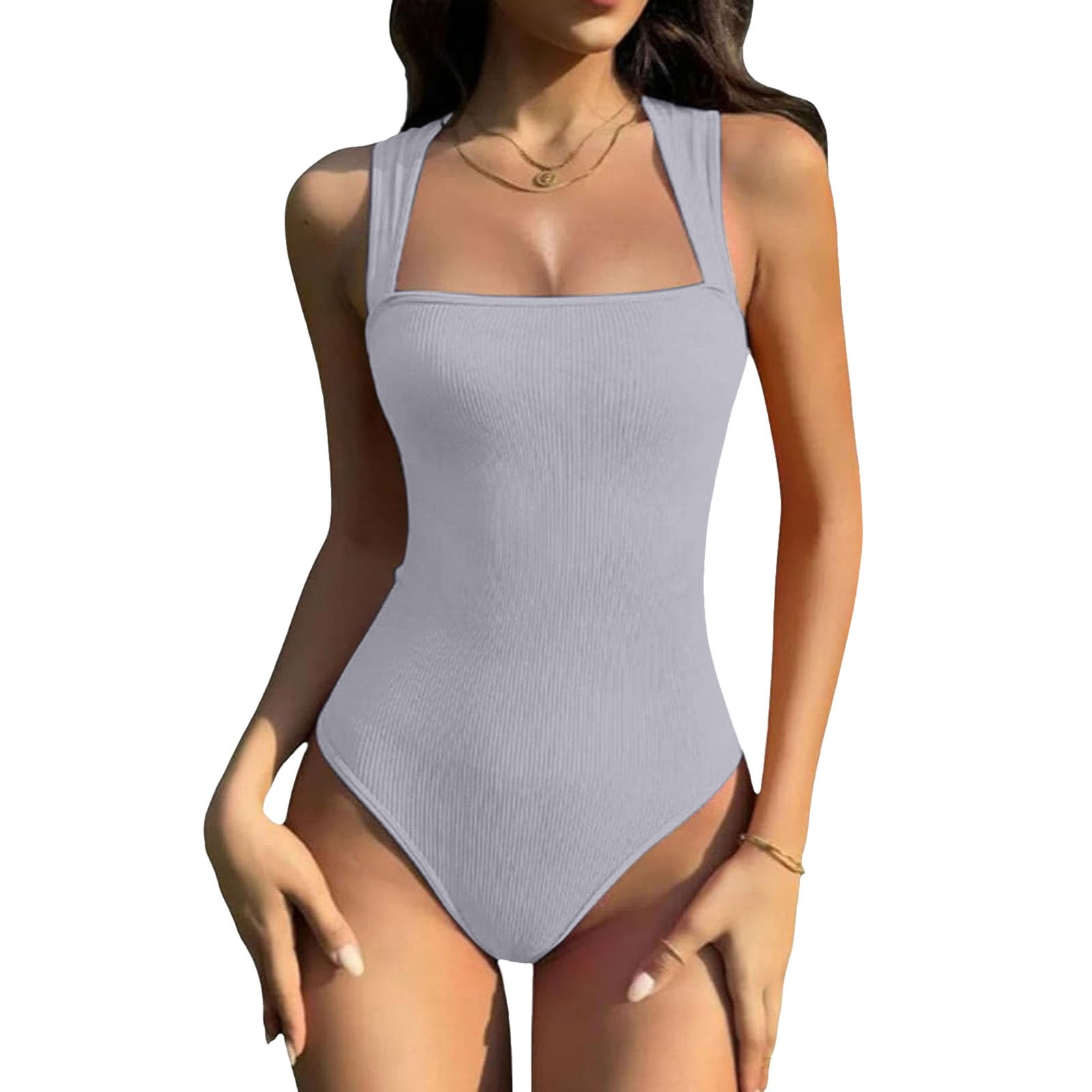 🎀【M-2XL】Sexy Ribbed Strappy Square Neck Sleeveless Tummy Control Tank Tops Bodysuits🩱 main image 1