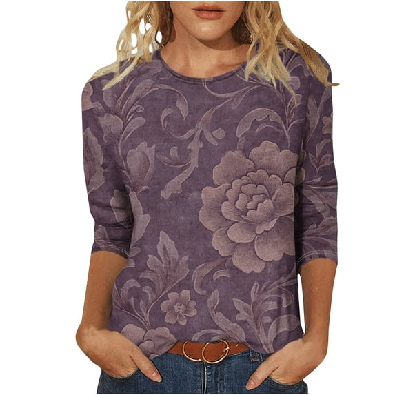 Women's Bohemia 3/4 Sleeve T-Shirts Round Neck Cute Tunic Tops Floral Print Basic Tees Blouses