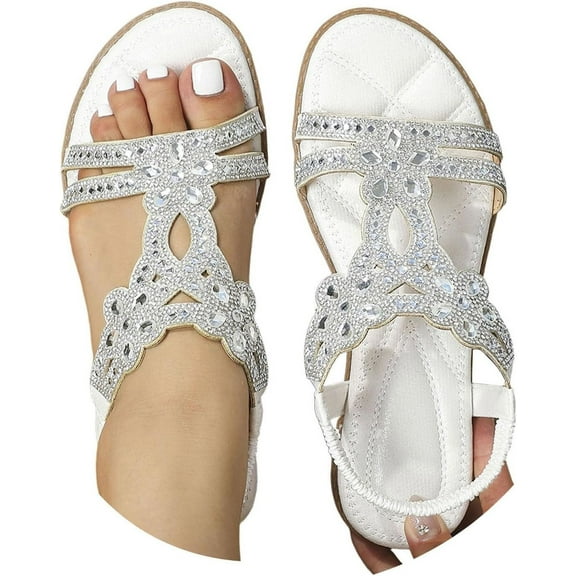 Women's Bohemia Flats Sandals Rhinestone Open Toe Elastic Ankle Strap Sandals Summer Beach Shoes