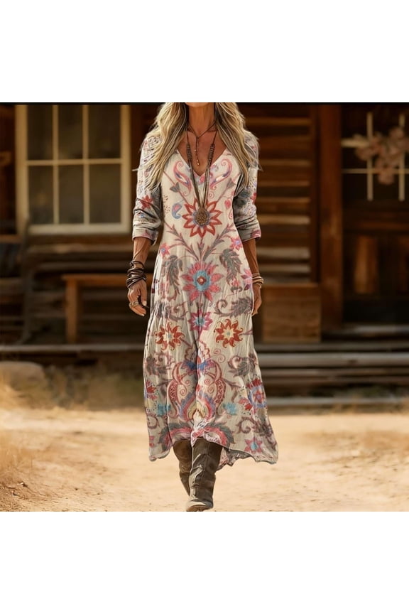 Women's Bohemian A-Line Maxi Dress, Vintage Floral Print Long Sleeve Loose Fit Flowy Casual Dress Beach Dress for Spring Summer(Beige,XXXL)