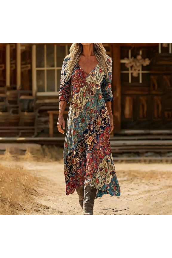Women's Bohemian A-Line Maxi Dress, Vintage Floral Print Long Sleeve Loose Fit Flowy Casual Dress for Spring Summer, 2026 New Limited Time Offer