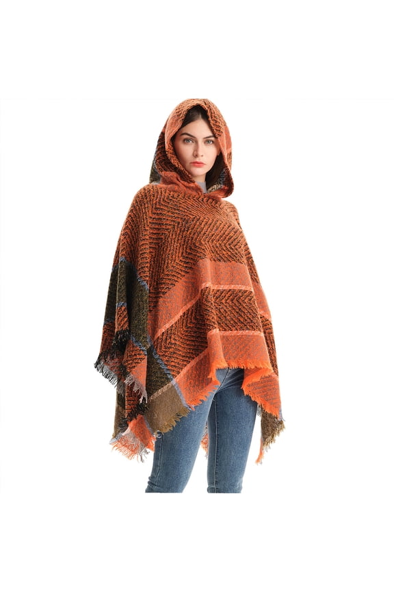 Women's Bohemian Aztec Print Blanket Poncho Hoodie Cape Shawl with Tassels - Orange