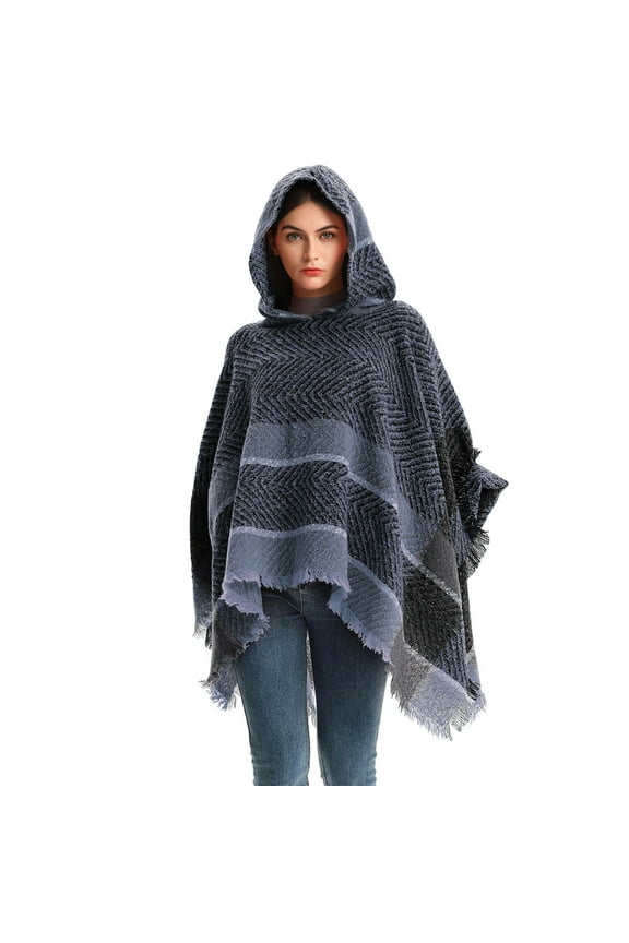 Women's Bohemian Aztec Print Blanket Poncho Hoodie Cape Shawl with Tassels - navy blue