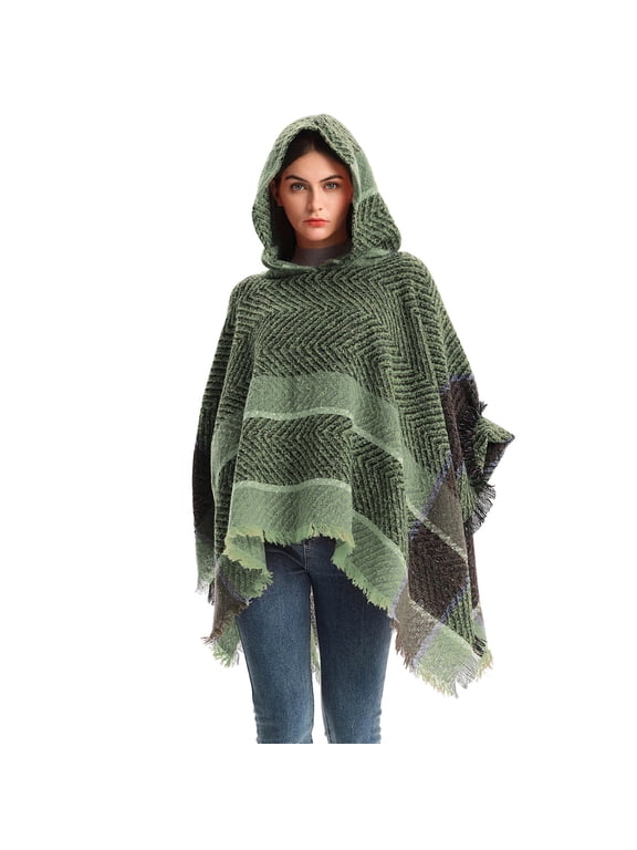 Women's Bohemian Aztec Print Blanket Poncho Hoodie Cape Shawl with Tassels