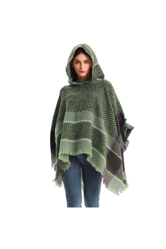 Women's Bohemian Aztec Print Blanket Poncho Hoodie Cape Shawl with Tassels