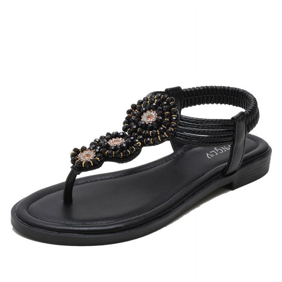 Women's Bohemian Beaded Flat Sandals - Open-Toe T-Strap Roman Sandals with Elastic Back Strap
