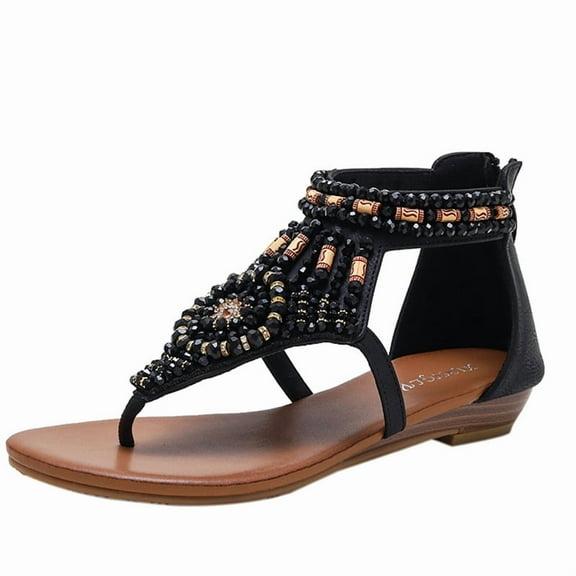 Women's Bohemian Beaded Roman Sandals - T-Strap Wedge Sandals with Back Zipper