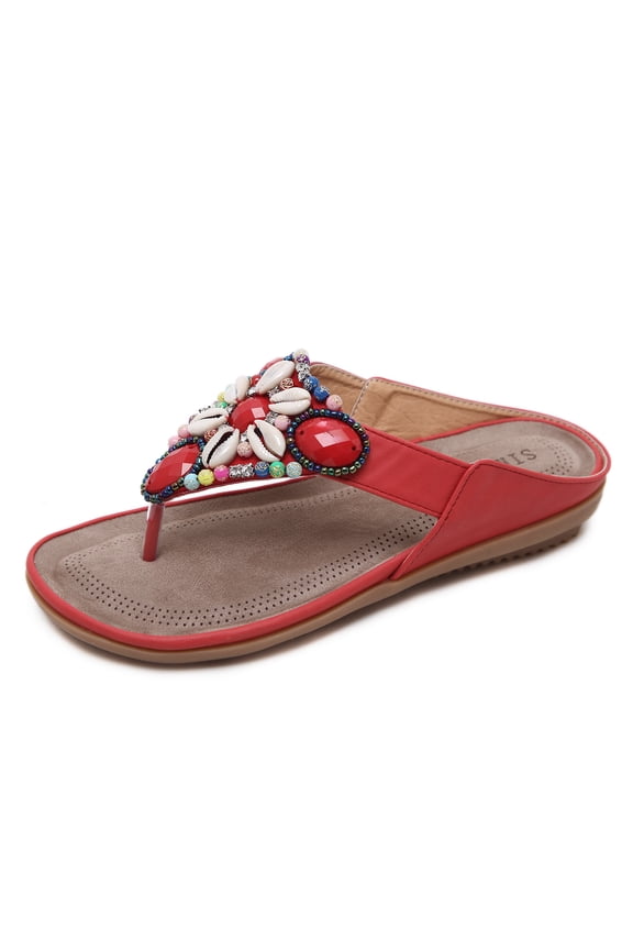 Women's Bohemian Beaded Shell Flip Flops - Vintage Ethnic Style Beach Sandals