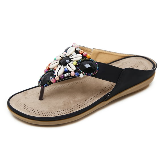Women's Bohemian Beaded Shell Flip Flops - Vintage Ethnic Style Beach Sandals