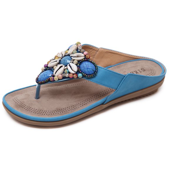 Women's Bohemian Beaded Shell Flip Flops - Vintage Ethnic Style Beach Sandals