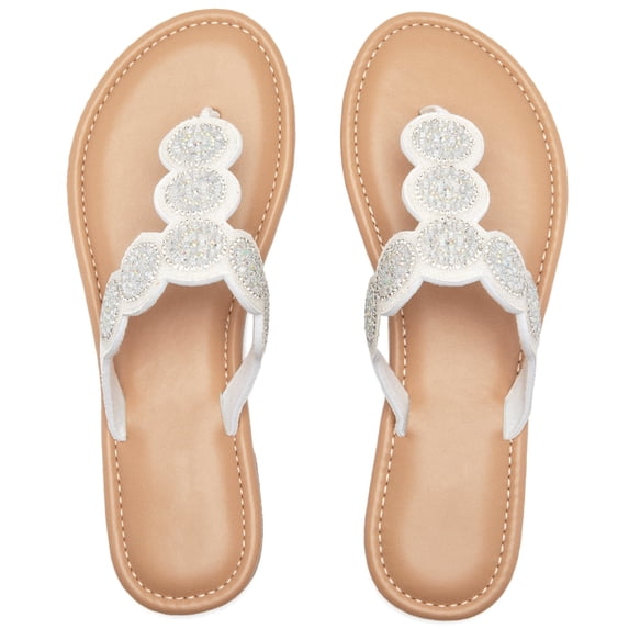 Women's Bohemian Bling Flat Slide Sandals Rhinestone Decor Rubber Sole Summer Thong Sandals