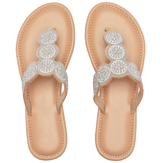 Women's Bohemian Bling Flat Slide Sandals Rhinestone Decor Rubber Sole Summer Thong Sandals