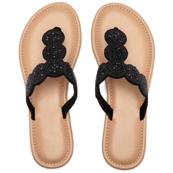 Women's Bohemian Bling Flat Slide Sandals Rhinestone Decor Rubber Sole Summer Thong Sandals