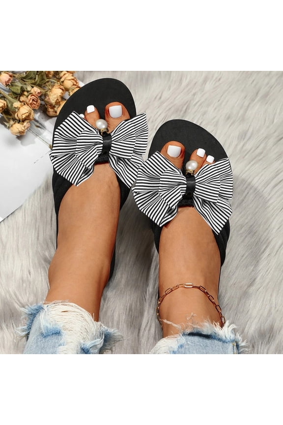 Women's Bohemian Bow Thong Slides, Printed Fabric Flip Flops, Lightweight Summer Footwear for Casual, Shopping, Daily Outings Gray 42