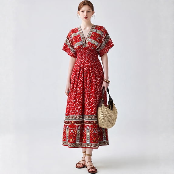 Women's Bohemian Cotton Silk Dress V-neck Morandi Color Beach Dress Travel Dress for Japan, Korea, and Southeast Asia