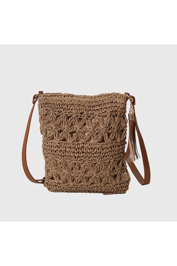 Women's Bohemian Crochet Shoulder Bag with Leather Straps- Khaki