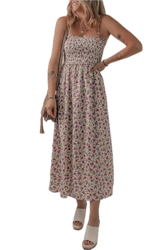 Women's Bohemian Ditsy Floral Smocked Fit Flare Sundress in Colorful Print with 100% Polyester Fabric for Summer