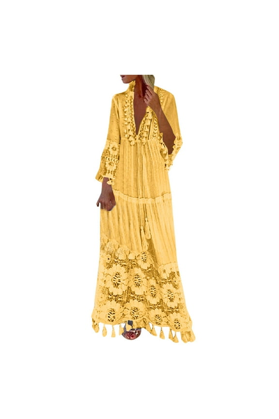 Women's Bohemian Dress Plus Size,V Neck Long Sleeve Tassel Long Lace Dress Vacation Beach Coverups Ethnic Style Maxi Dresses
