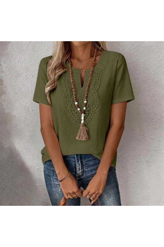 Women's Bohemian Embroidered T-Shirt, V Neck Short Sleeve Blouse, Solid Color Boho Chic Top for Summer, Vacation, Casual Daily Wear and 2026 Fashion Green XXL