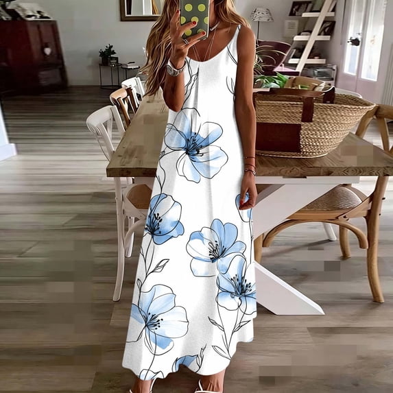 Women's Bohemian Floral Maxi Dress Sleeveless Spaghetti Strap V Neck Casual A Line Flowy Long Dress For Summer Beach Holiday Vacation Garden Party