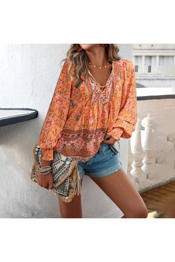 Women’s Bohemian Floral Print Blouse, V-Neck Long Sleeve Tie Front Peasant Top, Loose Flowy Boho Shirt for Vacation Casual Wear, 6 Colors S-XXL