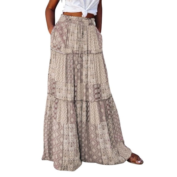 Women's Bohemian Floral Print Elastic Waist High Waist Tie Long Skirt Khaki XXL