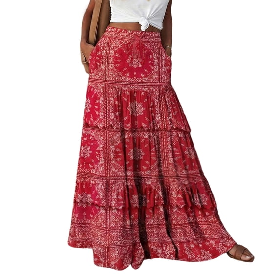 Women's Bohemian Floral Print Elastic Waist High Waist Tie Long Skirt Red L