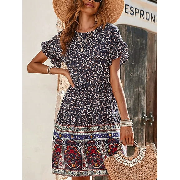 Women's Bohemian Floral Print Short Sleeve Swing Dress With Crew Neckline- XX Large, Black