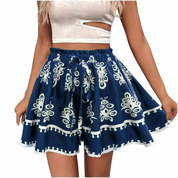 Women's Bohemian Floral Print Shorts Casual Elastic High Waist Drawstring Loose Fit Shorts