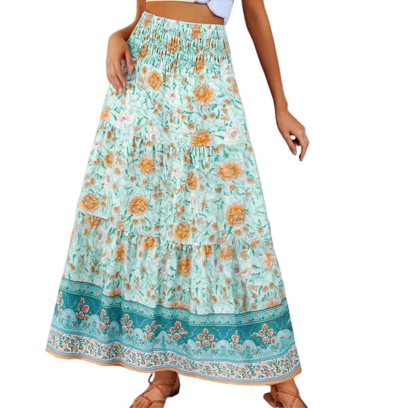Women's Bohemian Floral Print Skirt Maxi Flowy Hem Casual High Waist Beach Holiday Vacation Light Green Skirt L