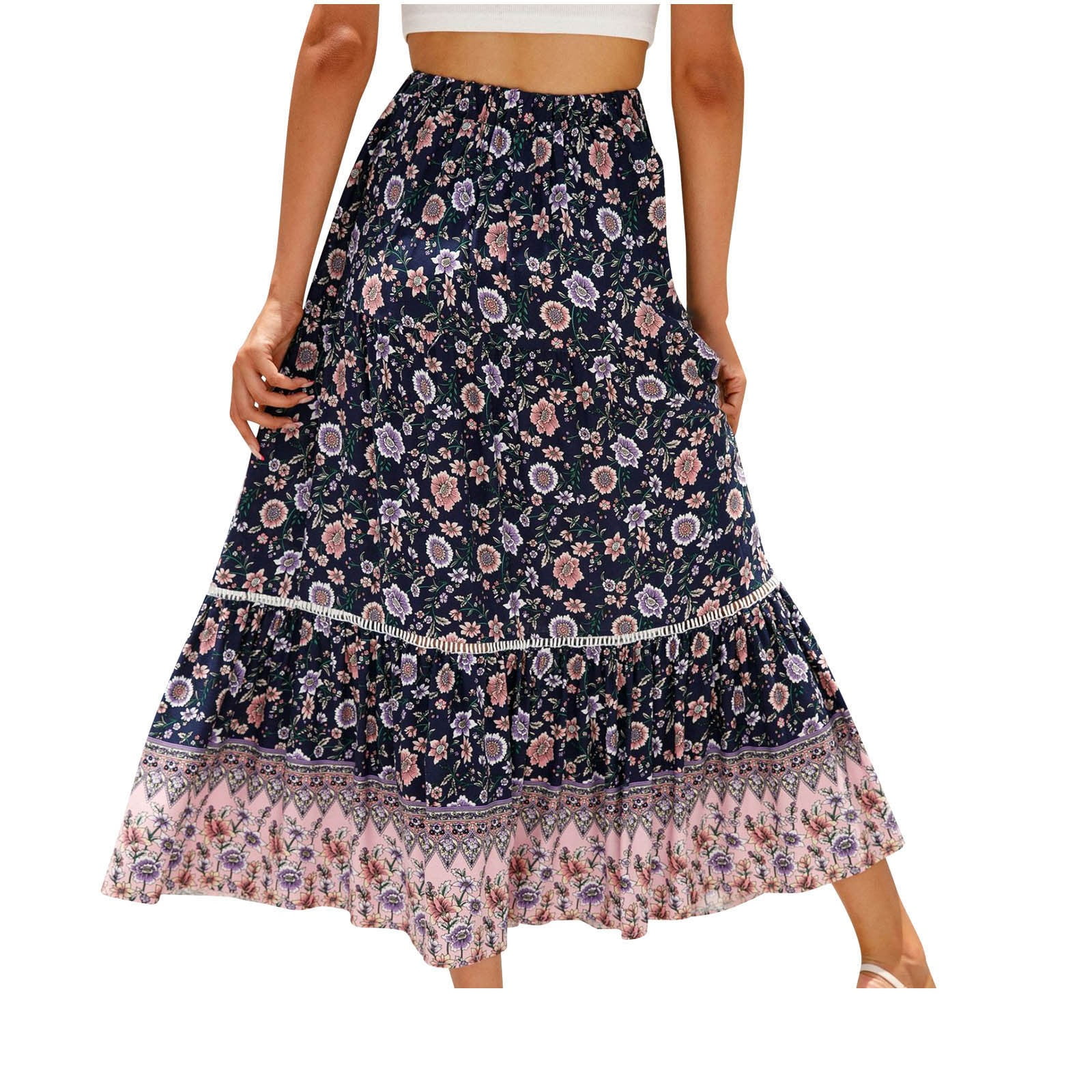 Women's Bohemian Floral Printed Maxi Skirt Summer Beach