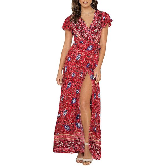 Women's Bohemian Floral Printed Wrap V Neck Short Sleeve Split Beach Party Maxi Dress