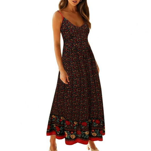 Women's Bohemian Floral Printed Wrap V Neck Suspender Beach Party Maxi Dress S-XL