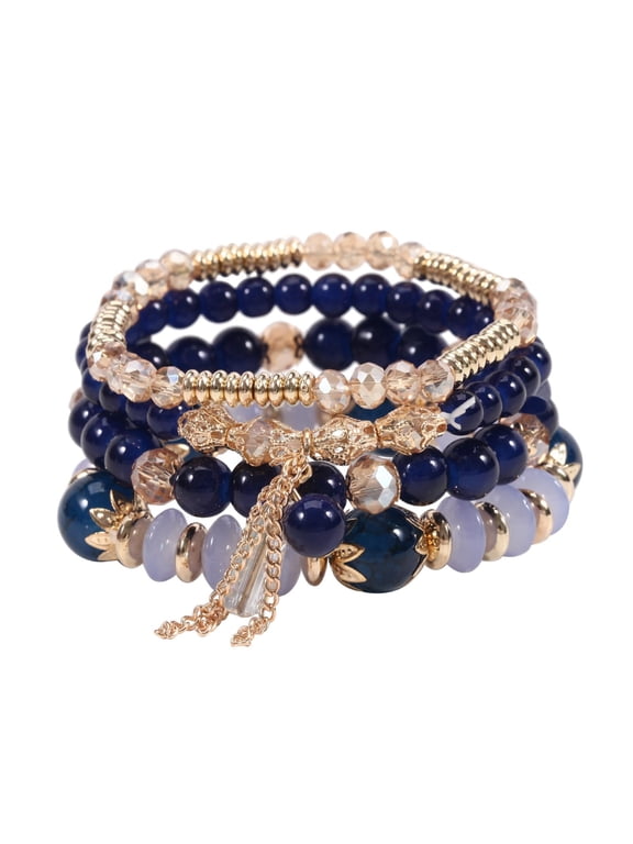 Women's Bohemian Green Jade Bracelet Set, 4-Layer Stackable Stretch Beaded Bracelets, Gold Accent Boho Jewelry, Fashion Statement Accessory, Gift Ready