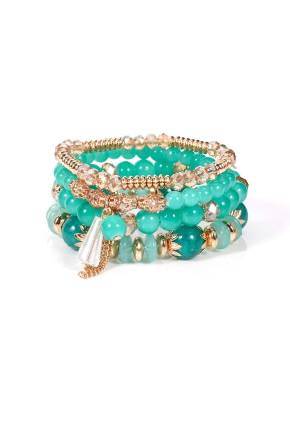 Women's Bohemian Green Jade Bracelet Set, 4-Layer Stackable Stretch Beaded Bracelets, Gold Accent Boho Jewelry, Fashion Statement Accessory, Gift Ready