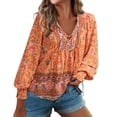 thumbnail image 1 of Women's Bohemian Holiday Printed V Neck Long Sleeve Shirt With Tie, 1 of 9