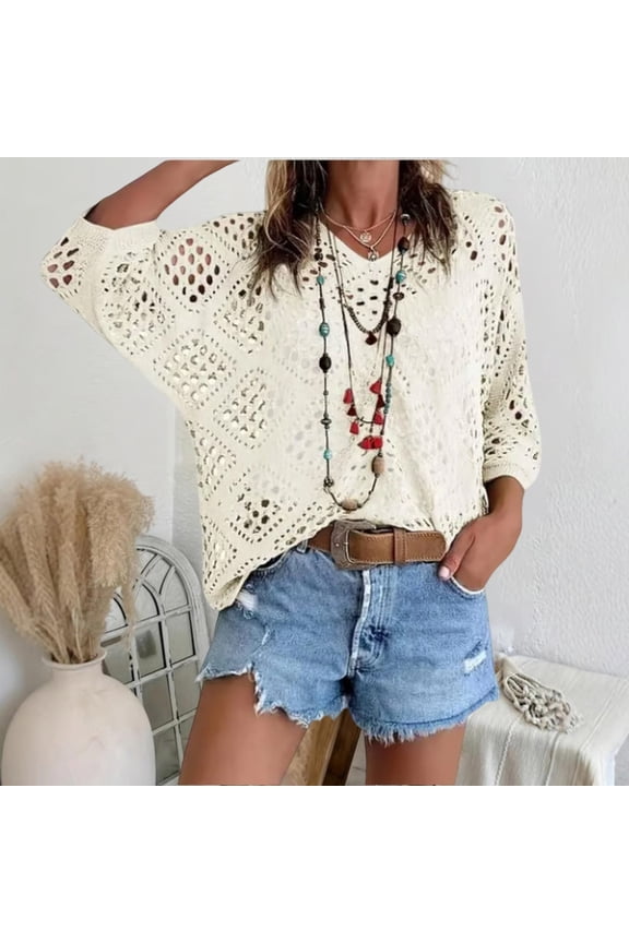 Women's Bohemian Inspired Beige Crochet Top with V-Neck Casual Crochet Summer Tops Loose Fit Hollow Out Beach Cover up Beige 2XL