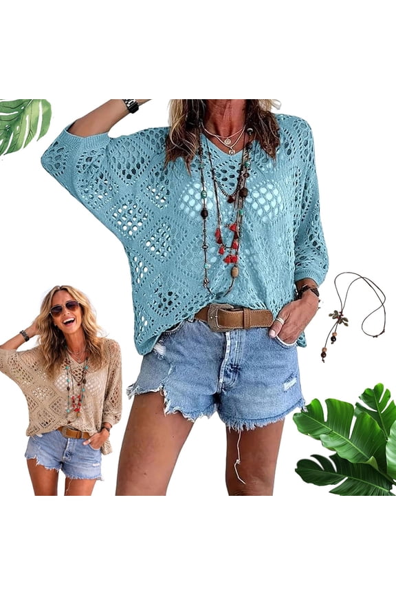 Women's Bohemian-Inspired Beige Crochet Top with V-Neck, Summer Beach Hollow Crochet Cover-Up Short Sleeve Top