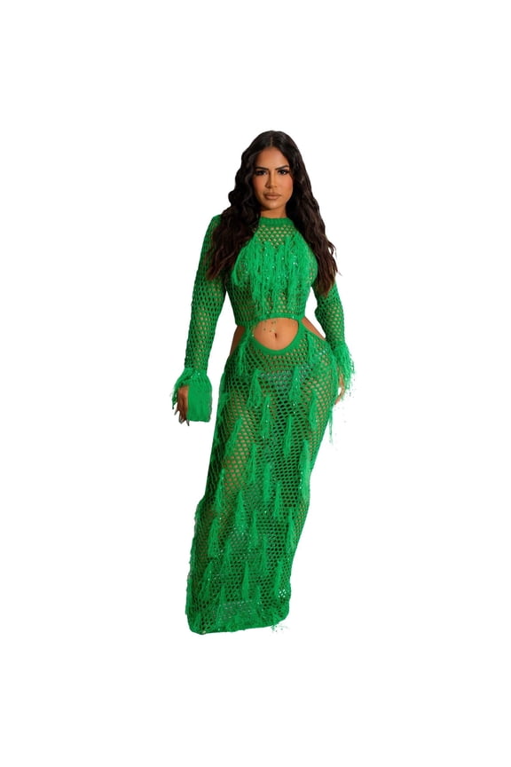 Women's Bohemian Knitted Sequin Long Dress Casual Elegant Hollow Out Fringe Maxi Dress for Party Beach