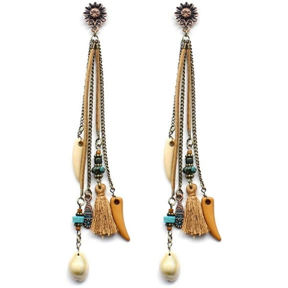 Women's Bohemian Leather Tassel Long Drop Earrings Stone Charms