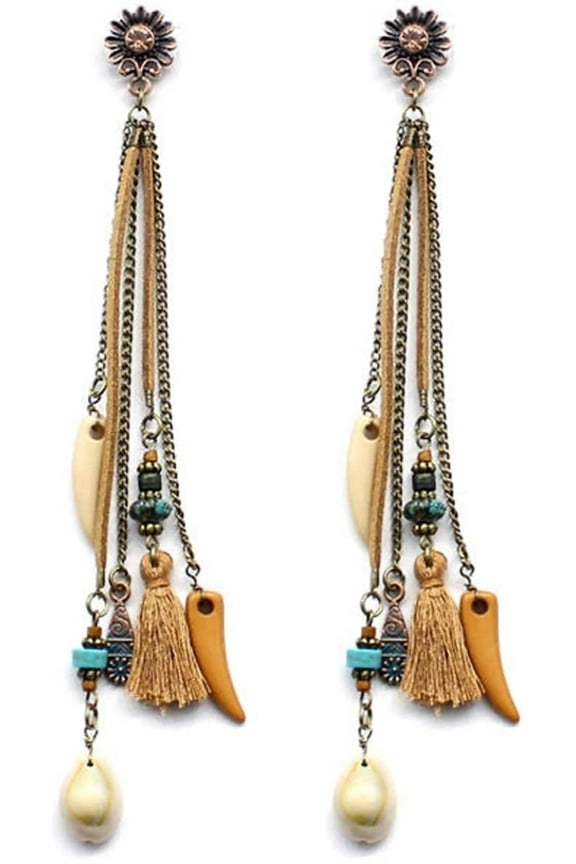 Women's Bohemian Leather Tassel Long Drop Earrings Stone Charms