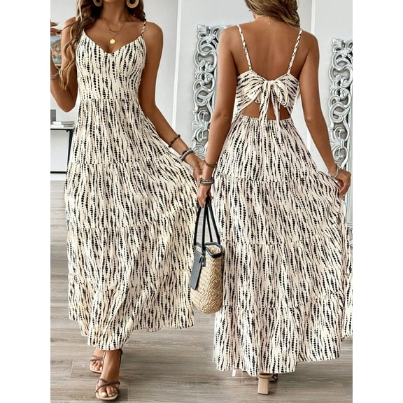 Women's Bohemian Maxi Dress. Boho Fashion Sleeveless V-Neck Summer Dress with Back Tie and Tiered Skirt by Estella's