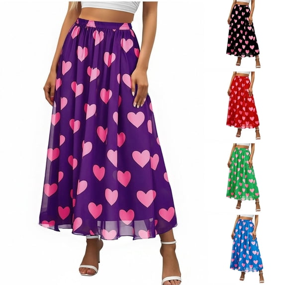 Women's Bohemian Maxi Skirt, A-Line Long Skirts Elasticated Waist, Pleated Swing Boho Flower Skirts High Waisted Casual for Summer Spring Vacation Red XL
