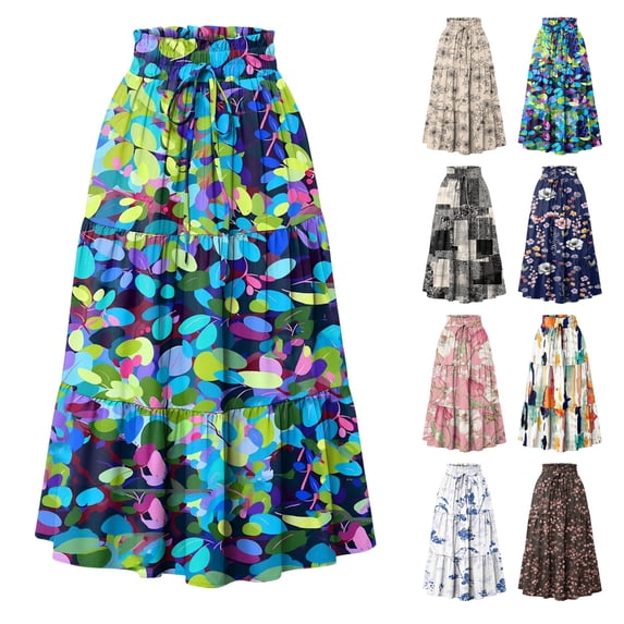 Women's Bohemian Maxi Skirt, Floral Print Drawstring High Waist Tiered Skirt, Lightweight Flowy Skirt for Festival, Beach Vacation and Summer,Pink,L