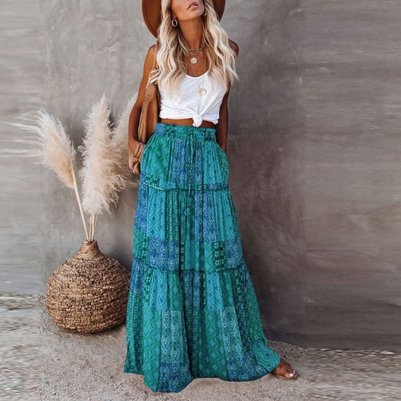 Women's Bohemian Maxi Skirt High Waist Floral Print Flowy Ruffle Long Skirt for Beach Vacation Green M